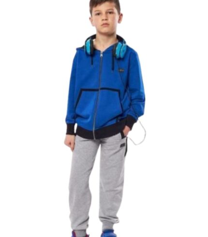 Παιδική ζακέτα Hashtag αγόρι indigo βαμβακερή λεπτή πλέξη χωρίς χνούδι κουκούλα κορδόνια φερμουάρ τσέπες τύπωμα